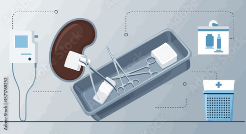Illustration Of Kidney Transplant Concept And Surgical Tools For Medical Use