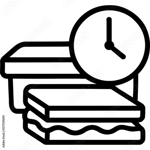Lunch break time with container and clock outline icon vector