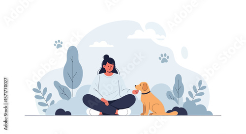 Woman Training Her Dog With Treat In Park Simple Vector Illustration