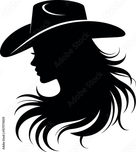 Silhouette of a woman with long flowing hair wearing a cowboy hat in black and white image


