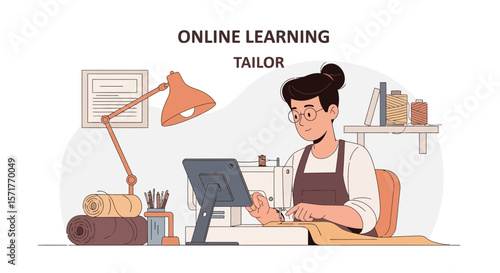 Woman Taking Online Tailoring Class And Sewing From Home Crafting New Clothes