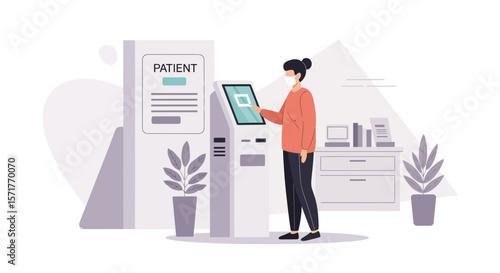 Woman Using A Self Check-In Kiosk At A Clinic For Healthcare Services