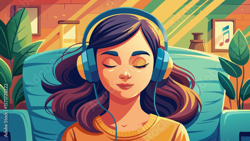 A peaceful young adult female, appearing serene, relaxes with eyes closed, wearing headphones and enjoying music or an audiobook on a sofa
