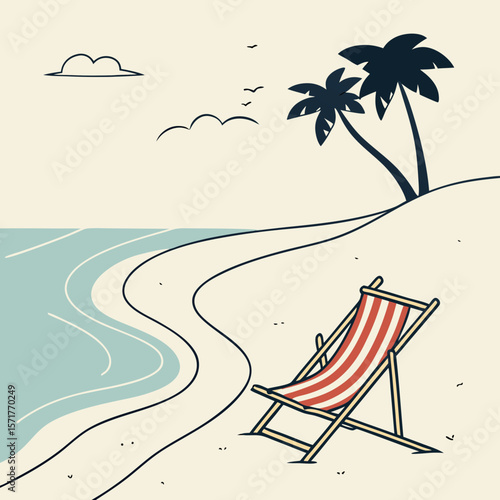 Beach scene with sun lounger and palm trees by the shoreline  