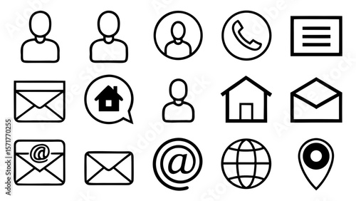 Collection of simple black outline icons for contact information and navigation