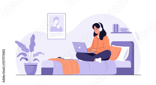 Woman Working Remotely From Bed On Laptop With Headphones Illustration