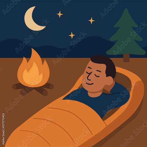 A man sleeps peacefully in an orange bedroom under the starry sky by a campfire. Vector illustration of camping and sleeping by a campfire in the forest.