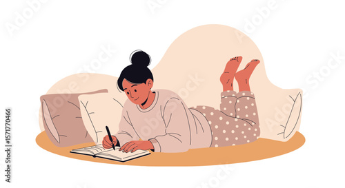 Woman Writing Journal Resting Comfortably In Bed Dressed In Pajamas At Home