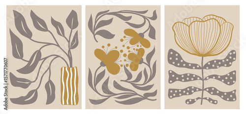 A set of modern abstract floral posters. Nerdy naive groovy funky wall paintings. Vector flat illustration for interior, paintings, postcards, covers, tee print, wallpaper, hippie-style flower show.