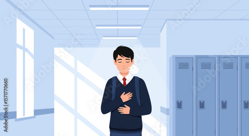 Worried Student In School Hallway Practice Deep Breathing For Calming Effect