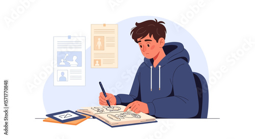 Young Artist Creating Sketches in his Notebook at Home Studio