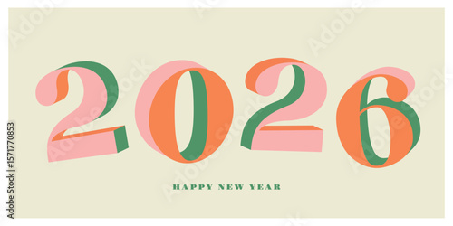 Modern retro 2026 number design in a 3D style with pink, orange, and green colors. Creative typography for a New Year greeting card or banner header, vector illustration.
