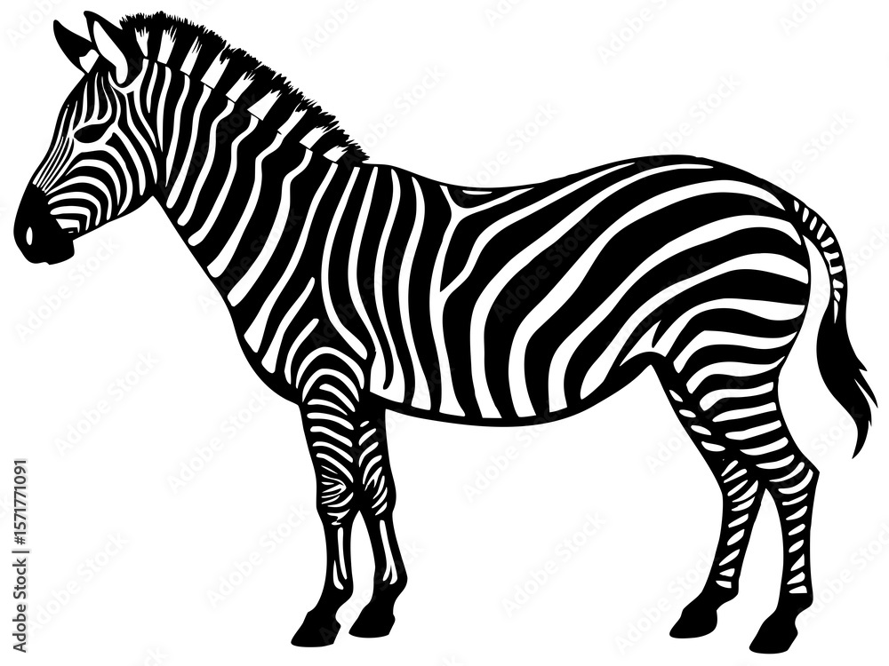 Fototapeta premium Stylized black and white illustration of a zebra standing profile view