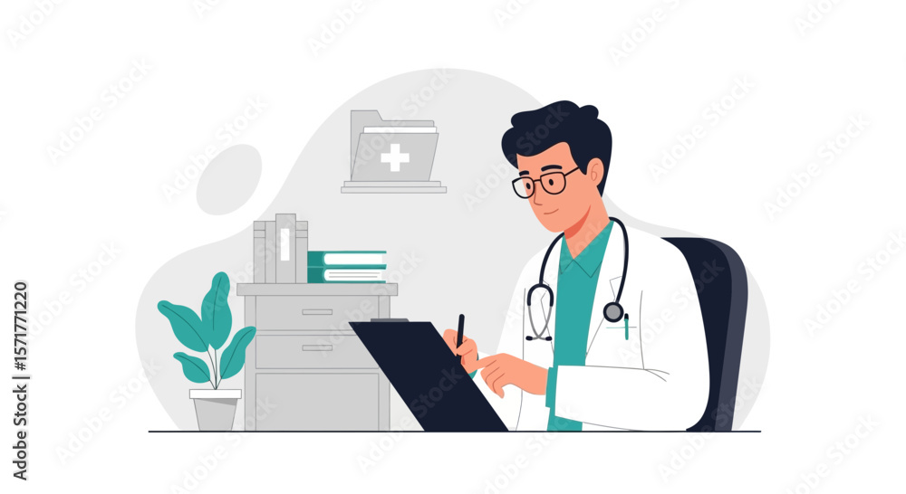 Young Doctor Taking Notes In The Medical Office Illustration Style Design Young Doctor Taking Notes In The Medical Office Illustration Style Design
