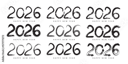 Set of 2026 number designs in a black brush stroke style. Hand-drawn ink calligraphy for New Year logos and greeting cards, isolated on white background, vector illustration.