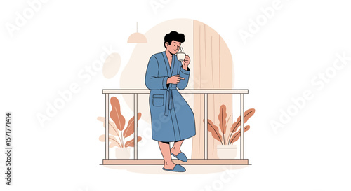 Young Man Enjoying Morning Coffee In Bathrobe On Balcony Illustration