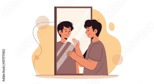 Young Man Looking In Mirror At His Reflection Showing Self Acceptance