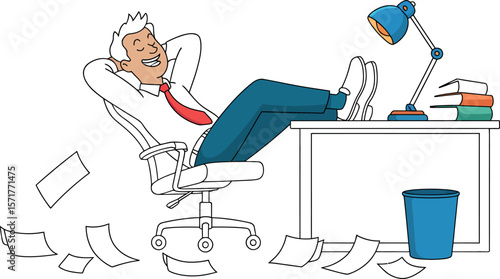 Cartoon man relaxing at desk with feet up, papers on floor, lamp and books on desk, smiling


