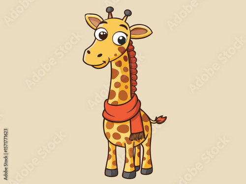 Cute cartoon giraffe wearing a warm red scarf on a light brown background