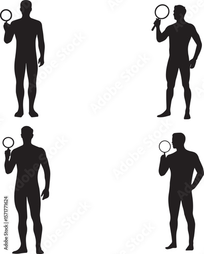 Silhouettes of a Person Holding a Magnifying Glass, Representing Investigation, Analysis, Exploration, and Problem Solving in Black and White