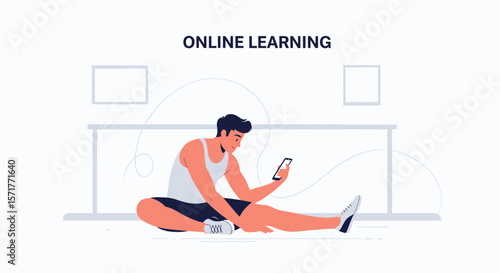 Young Man Stretching And Using Smartphone For Online Learning At Home