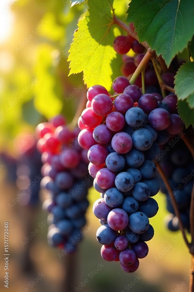 Naklejka premium Ripe Wine Grapes Hanging Heavy on the Vine, Ready for Harvest A Sun-Drenched Display of Autumnal Bounty, Perfect for Wine Labels and Agricultural Publications
