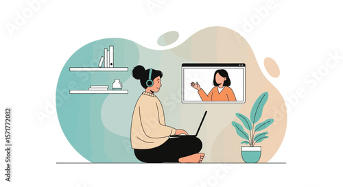 Young Woman Attending Virtual Meeting Or Online Class With Laptop And Headphone