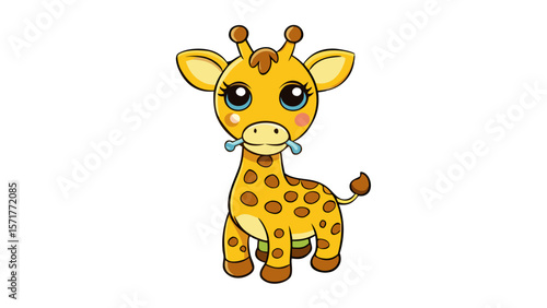 Cute cartoon baby giraffe with blue drool on its mouth on white background