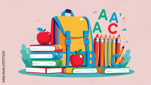 Einschulung – Bunte Vektorillustration zum Schulstart mit Schultasche und Lernmaterial