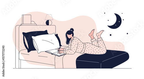 Young Woman In Pajamas Writing Diary On Bed At Night Minimalist Illustration