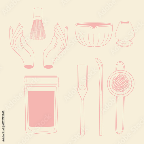 Matcha tea illustration set. Original hand-drawn green tea illustrations featuring matcha brewing utensils, a bamboo whisk, and a Japanese matcha tea brush—perfect for posters, cards, and cafes.