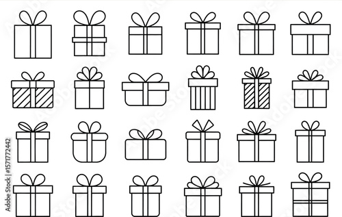 A collection of twenty four outlined gift box icons with bows in a grid pattern on a white background


