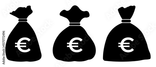 Set of money bag badges with euros.
Collection of money pouch icons. Vector illustration.