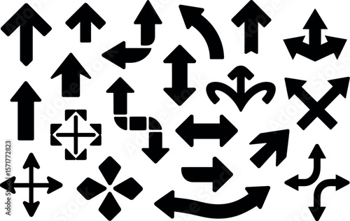 Collection of various black arrow icons pointing in different directions on a light background


