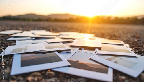 Pile of photos on gravel at sunset
