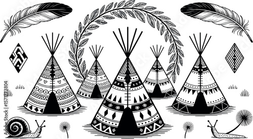 A black and white illustration of teepees, feathers, snails, and foliage with geometric accents art


