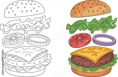 A cartoon illustration of a burger with separated layers and a coloring page version beside it


