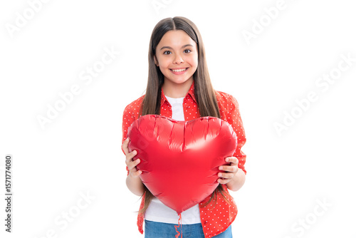 Lovely child girl 12, 13, 14 years old with shape heart love holiday and valentine symbol. Birthday day. Portrait of happy smiling teenage child girl with red heart isolated on white background.