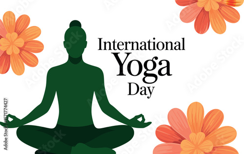 International yoga day illustration with green silhouette and orange flowers on light blue background


