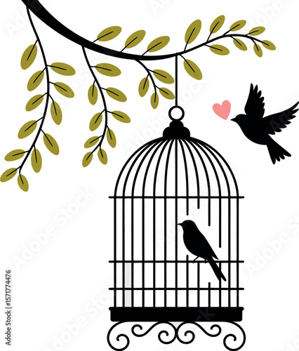 A birdcage hanging from a branch with a bird inside and another bird with a heart flying toward it


