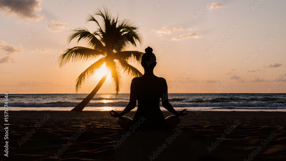 Fototapeta premium Meditating young woman practicing yoga at sunset. Yogi sitting in lotus position on sandy beach with palm tree at sea tide.