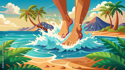 Female feet splashing in ocean water at tropical beach