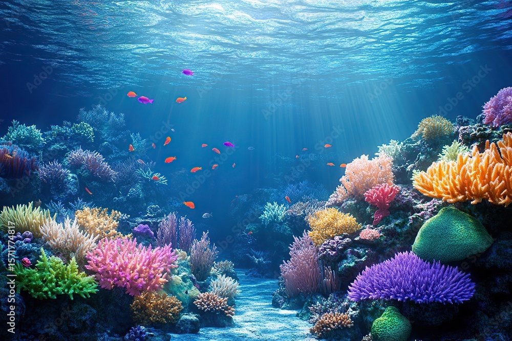 Naklejka premium Colorful coral reef teeming with vibrant fish beneath the clear ocean surface