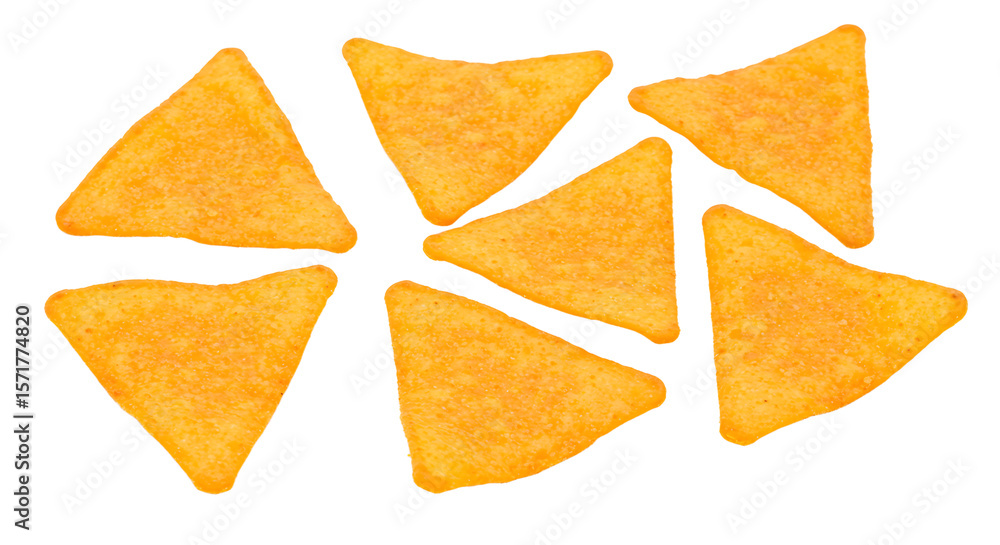 A close-up view of vibrant orange triangular corn chips arranged artistically on a white background, perfect for snack advertising A close-up view of vibrant orange triangular corn chips arranged artistically on a white background, perfect for snack advertising