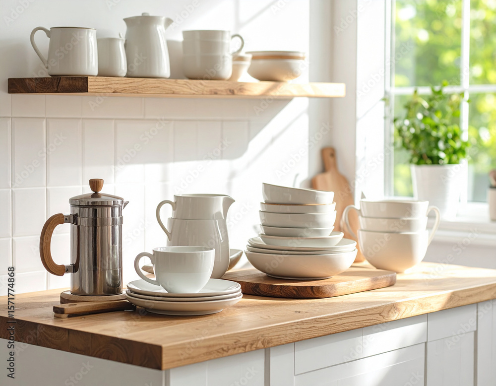 Obraz premium Sunny Kitchen Countertop with White Dishes and Wooden Accents