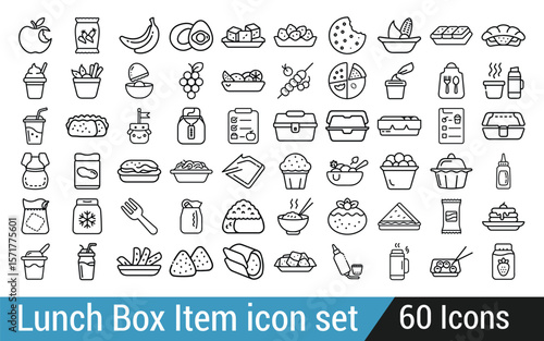 Collection of diverse food and drink items for lunch boxes and snacks