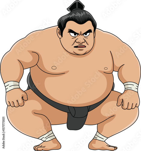 Cad drawing flat vector illustration of angry sumo wrestler in traditional stance, Japanese martial arts culture cartoon style character