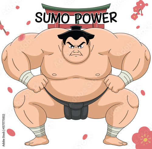 Cad drawing flat vector illustration of a powerful sumo wrestler in fighting stance, traditional Japanese art cartoon style character