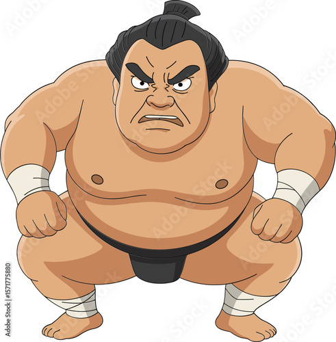 Cad drawing flat vector illustration of angry sumo wrestler in traditional stance, Japanese martial arts culture cartoon style character