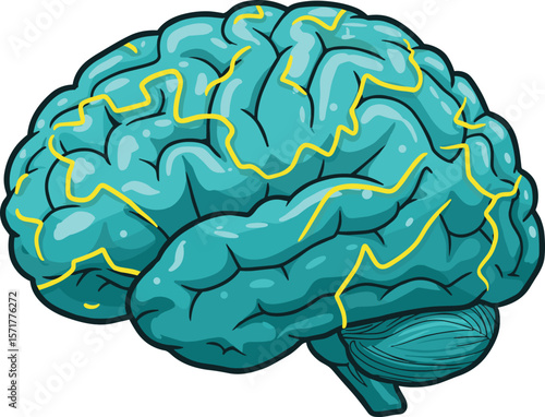 Cartoon Human Brain with Electric Impulses Illustration, Creative Neuroscience Concept Art, Mental Health, Intelligence, and Mind Function Design